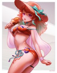 Rule 34 | 1girl, absurdres, adapted costume, aqua hair, arched back, ass, bikini, breasts, bsapricot, chicken (food), chicken leg, cleavage, commentary, cowboy shot, earrings, feather earrings, feathers, food, gradient hair, grey background, hat, highres, holding, holding food, hololive, hololive english, jewelry, lips, long hair, looking at viewer, medium breasts, midriff, multicolored hair, nail polish, open mouth, orange bikini, orange hair, patterned background, pink nails, purple eyes, side-tie bikini bottom, solo, straw hat, swimsuit, symbol-only commentary, takanashi kiara, thigh strap, thighs, twitter username, two-tone hair, underboob, virtual youtuber, wet, wrist cuffs