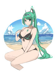 Rule 34 | 1girl, absurdres, aotsuba, bikini, breasts, chest jewel, cleavage, green eyes, green hair, highres, large breasts, long hair, midriff, navel, pneuma (xenoblade), ponytail, solo, swept bangs, swimsuit, very long hair, xenoblade chronicles (series), xenoblade chronicles 2