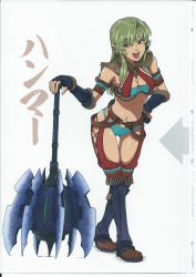 Rule 34 | 1girl, :d, absurdres, aqua bikini, armlet, armor, armored boots, artbook, bikini, boots, breasts, brown eyes, cleavage, dober (armor), fingerless gloves, full body, fur trim, gloves, green hair, highres, imizu (nitro unknown), kochiya sanae, long hair, looking at viewer, mace, medium breasts, monster hunter (series), navel, open mouth, scan, scan artifacts, smile, solo, standing, swimsuit, thigh gap, touhou, weapon