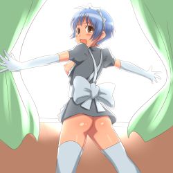Rule 34 | 1girl, :d, aaaa (quad-a), ass, bad id, bad pixiv id, blue hair, bottomless, breastless clothes, breasts, breasts out, brown eyes, cowboy shot, curtains, elbow gloves, framed breasts, gloves, happy, highres, looking at viewer, looking back, maid, miniskirt, nipples, no panties, open mouth, original, revealing clothes, short hair, skirt, small breasts, smile, solo, standing, thighhighs, window