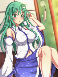 Rule 34 | 1girl, bare shoulders, blue skirt, blurry, blurry background, blush, breasts, collared shirt, commentary, cowboy shot, day, detached sleeves, eyes visible through hair, frilled skirt, frills, frog hair ornament, green eyes, green hair, hair ornament, hand in own hair, hand up, highres, kochiya sanae, large breasts, light particles, long hair, long sleeves, looking at viewer, making-of available, navel, parted lips, rimasu71, shirt, sitting, skirt, sleeveless, sleeveless shirt, snake hair ornament, solo, touhou, white shirt, white sleeves, wide sleeves