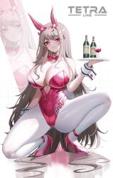 Rule 34 | 1girl, absurdres, alcohol, animal ears, bare shoulders, bottle, bow, bowtie, breasts, cup, detached collar, drinking glass, fake animal ears, goddess of victory: nikke, high heels, highres, holding, holding tray, horns, jeze, large breasts, leotard, light brown hair, long hair, pantyhose, pink horns, pink leotard, playboy bunny, solo, tray, viper (nikke), viper (toxic rabbit) (nikke), white pantyhose, wine, wine bottle, wine glass, wrist cuffs