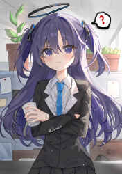 Rule 34 | 1girl, ?, angry, black halo, black jacket, black skirt, blazer, blue archive, blue hair, blue necktie, blush, bulletin board, ceiling, closed mouth, collared shirt, crossed arms, cup, disposable cup, hair between eyes, hair ornament, halo, highres, holding, holding cup, indoors, jacket, lapels, light particles, long hair, long sleeves, looking at viewer, luna (luna610), mechanical halo, necktie, paper, parted bangs, plant, pleated skirt, potted plant, shirt, skirt, solo, spoken question mark, sweat, tile ceiling, tiles, triangle print, twitter username, two side up, upper body, v-shaped eyebrows, white shirt, yuuka (blue archive)