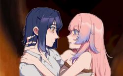 Rule 34 | 2girls, blue hair, blush, collared shirt, dress, genshin impact, highres, holding, hug, koupium, kujou sara, looking at another, looking to the side, multicolored hair, multiple girls, picking up, pink hair, purple eyes, purple hair, sangonomiya kokomi, shirt, yellow eyes, yuri