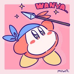 Rule 34 | arm up, artist name, bandana, bandana waddle dee, black eyes, blue headwear, border, flat color, full body, highres, holding, holding polearm, holding spear, holding weapon, kirby (series), looking up, miwa (ahyuck), nintendo, no humans, no mouth, pink background, pink border, polearm, signature, simple background, sketch, solid oval eyes, solo, sparkle, spear, standing, waddle dee, weapon