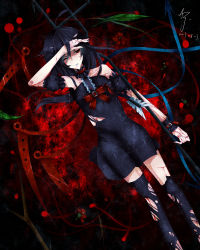 Rule 34 | 1girl, arrow (projectile), asymmetrical wings, aymmogh, bad id, bad pixiv id, black hair, black thighhighs, blood, blood on face, damaged, dress, female focus, flower, houjuu nue, injury, one eye closed, polearm, red eyes, short hair, signature, solo, spear, thighhighs, torn clothes, torn thighhighs, touhou, trident, weapon, wings