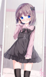 Rule 34 | 1boy, artist name, black bow, black dress, black hair, black thighhighs, blue eyes, blunt bangs, blurry, blurry background, blush, bow, breasts, chinomaron, cowboy shot, dress, eyebrows hidden by hair, frills, hair between eyes, hair bow, hair ornament, hand on own ear, hand up, heart-shaped ornament, highres, lace trim, long hair, long sleeves, looking at viewer, mirror, original, pinafore dress, pink sleeves, pleated dress, ribbon, sidelocks, signature, sleeveless, sleeveless dress, small breasts, solo, thighhighs, trap, zettai ryouiki