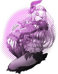 Rule 34 | 1girl, :&gt;, armor, breasts, camisole, cleavage, dark jeanne, dotted background, elbow gloves, flower, full body, gloves, granblue fantasy, greaves, hair between eyes, hair flower, hair ornament, hairband, jeanne d&#039;arc (granblue fantasy), layered clothes, long hair, looking at viewer, medium breasts, pantyhose, purple eyes, signature, single glove, skirt, smile, solo, white background, white hair, zunta