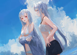 Rule 34 | 2girls, :d, absurdres, ahoge, bikini, bikini under clothes, black skirt, blue eyes, blue sky, breasts, cleavage, closed mouth, cloud, commentary request, day, eye contact, grey hair, grey jacket, hair intakes, hair ornament, hairclip, highres, ichika (ichika87), jacket, long hair, long sleeves, looking at another, medium breasts, multiple girls, off shoulder, open mouth, original, outdoors, profile, red eyes, skirt, sky, sleeves past wrists, smile, swimsuit, twintails, very long hair, white bikini
