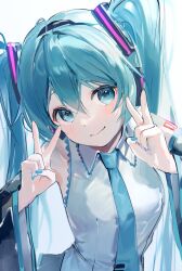 Rule 34 | 1girl, ame929, aqua necktie, arm tattoo, bare shoulders, blush, closed mouth, collared shirt, colored eyelashes, commentary request, detached sleeves, double-parted bangs, double v, green eyes, green hair, green nails, grey shirt, hair between eyes, hands up, hatsune miku, head tilt, highres, long hair, long sleeves, looking at viewer, nail polish, necktie, shirt, simple background, sleeveless, sleeveless shirt, smile, solo, straight hair, tattoo, twintails, upper body, v, very long hair, vocaloid, white background, wide sleeves