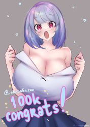 Rule 34 | 1girl, bare shoulders, black skirt, blue hair, blush, borrowed character, breasts, cleavage, congratulations, grey background, hands up, highres, huge breasts, looking at viewer, mamaprofennn, medium hair, milestone celebration, open mouth, original, red eyes, rina atherina, simple background, skirt, solo
