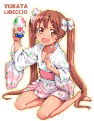 Rule 34 | 10s, 1girl, :d, blush, brown eyes, brown hair, character name, commentary request, dark-skinned female, dark skin, drinking straw, fang, food, heart, heart in mouth, holding, holding drinking straw, japanese clothes, kantai collection, kimono, libeccio (kancolle), long hair, looking at viewer, open mouth, ribbon, shaved ice, sitting, smile, solo, twintails, uousa-ou, very long hair, yokozuwari, yukata