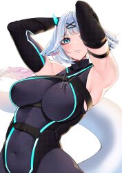 Rule 34 | 1girl, animal ear piercing, animal ears, arm strap, armpits, arms behind head, black sleeves, blue eyes, blue horns, bodysuit, breasts, chest belt, commission, covered navel, detached sleeves, dragon girl, dragon tail, earrings, grey hair, highres, horns, indie virtual youtuber, jewelry, large breasts, necklace, parted lips, short hair, solo, sylent bell, tail, vgen commission, virtual youtuber, yoshiii