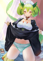 Rule 34 | 1girl, absurdres, black dress, blush, breasts, card, clothes lift, collarbone, dragon girl, dragon tail, dress, dress lift, duel monster, fang, green hair, green panties, green tail, highres, horns, kneeling, lifting own clothes, long hair, maid, maid headdress, medium breasts, on bed, panties, parlor dragonmaid, sayaka ikku, smile, solo, striped clothes, striped panties, tail, trading card, twintails, underwear, white panties, yellow eyes, yu-gi-oh!