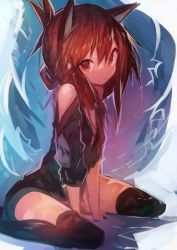 Rule 34 | 1girl, absurdres, alternate costume, animal ears, arm support, bare shoulders, between legs, black shirt, blue background, brown eyes, brown hair, cat ears, extra ears, folded ponytail, hair between eyes, hand between legs, highres, inazuma (kancolle), kaamin (mariarose753), kantai collection, kemonomimi mode, looking at viewer, off shoulder, shirt, sidelocks, sitting, solo, thighhighs, wariza