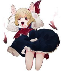 Rule 34 | 1girl, black skirt, black vest, blonde hair, collared shirt, commentary request, fangs, frilled skirt, frills, full body, highres, ikurauni, jumping, long sleeves, open mouth, red eyes, red footwear, red neckwear, rumia, shirt, short hair, skirt, skirt set, solo, touhou, vest, white background, white shirt