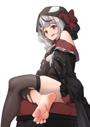 Rule 34 | 1girl, absurdres, barefoot, feet, highres, hololive, holox, hood, long hair, looking at viewer, open mouth, pompmaker1, red eyes, sakamata chloe, silver hair, sitting, soles, solo, toes, virtual youtuber