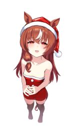 1girl absurdres animal_ears bails breasts brown_hair full_body hair_between_eyes hair_ornament hat highres horse_ears horse_girl horse_tail jewelry looking_at_viewer open_mouth red_eyes ring santa_hat small_breasts smile solo standing still_in_love_(umamusume) tail umamusume white_background