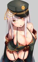 Rule 34 | 1girl, bare shoulders, black thighhighs, blush, breasts, brown eyes, cleavage, collarbone, commentary request, detached sleeves, garter straps, hat, highres, large breasts, leaning forward, long hair, looking at viewer, military, military hat, military uniform, open mouth, original, peaked cap, reinama, silver hair, solo, standing, thighhighs, uniform