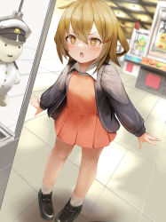 Rule 34 | + +, 1girl, absurdres, admiral (kancolle), alternate costume, black footwear, black jacket, blush, brown eyes, brown hair, character doll, crane game, doll, dress, hair between eyes, hair ornament, hairclip, highres, honmakaina kudou, ikazuchi (kancolle), jacket, kantai collection, long sleeves, open clothes, open jacket, open mouth, orange dress, shoes, short hair, solo