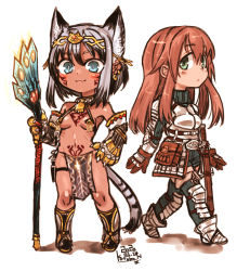 Rule 34 | 2girls, :3, animal ears, armor, bare shoulders, belt, blue eyes, blush, boots, breastplate, breasts, brown hair, cat ears, cat girl, cat tail, chibi, claws, dark-skinned female, dark skin, dated, diadem, faulds, female focus, gauntlets, greaves, green eyes, grey hair, hair ornament, holding, holding staff, kotoba noriaki, long hair, looking at viewer, multiple girls, navel, original, parted lips, pelvic curtain, pigeon-toed, pouch, pubic tattoo, revealing clothes, scabbard, sheath, short hair, signature, simple background, slit pupils, small breasts, staff, standing, sword, tail, tattoo, walking, weapon, white background