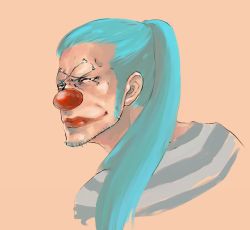 Rule 34 | 1boy, blue hair, buggy the clown, facial mark, lipstick, long hair, makeup, male focus, one piece, ponytail, prison clothes, prisoner, red nose, shirt, solo, striped clothes, striped shirt, tattoo