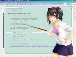 Rule 34 | 10s, 1girl, bespectacled, black hair, blue skirt, bow, breast pocket, collarbone, collared shirt, commentary, cowboy shot, english text, glasses, hair bow, hand on own hip, highres, holding, java (programming language), leaning forward, looking at viewer, love live!, love live! school idol project, lulu-chan92, open mouth, pleated skirt, pocket, pointer, red-framed eyewear, red bow, red eyes, semi-rimless eyewear, shirt, skirt, sleeves rolled up, solo, twintails, under-rim eyewear, white shirt, yazawa nico