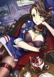 Rule 34 | 1girl, arm under breasts, azur lane, belt, bikini, bikini top only, black belt, black bikini, black gloves, blue hat, breasts, brown hair, brown pantyhose, buttons, chain, cleavage, couch, earrings, emblem, furon (froon), gloves, green eyes, hair between eyes, hand on own chin, hand up, hat, indoors, jewelry, large breasts, lens flare, lips, long hair, looking at viewer, lying, military, military uniform, mini hat, o-ring, on side, painting (action), pantyhose, parted lips, pennsylvania (azur lane), picture frame, plate, scar, scar on face, solo, swept bangs, swimsuit, table, teapot, teeth, thigh strap, thighs, turret, uniform