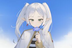 Rule 34 | 1girl, blue sky, capelet, closed mouth, commentary, earrings, elf, flower, frieren, gmi (jimmyovob), green eyes, hand up, highres, holding, holding flower, jewelry, long hair, looking at object, pointy ears, short eyebrows, sky, solo, sousou no frieren, straight-on, symbol-only commentary, twintails, upper body, white capelet, white hair