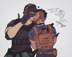 Rule 34 | 0 0, 3boys, abcisok, bara, beard stubble, blonde hair, blush, bulletproof vest, call of duty, call of duty: modern warfare 2, closed eyes, couple, english text, facial hair, ghost (modern warfare 2), gloves, heart, highres, kiss, male focus, mask, mask pull, mature male, multiple boys, muscular, muscular male, mustache stubble, short hair, sideburns, skull mask, soap (modern warfare 2), stubble, surprised, upper body, yaoi
