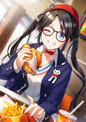 Rule 34 | 1girl, badge, beret, black hair, blue eyes, blue jacket, burger, button badge, buttons, cat ornament, chair, choker, collared shirt, cup, drinking straw, food, french fries, glasses, grin, hat, highres, holding, holding food, idolmaster, idolmaster shiny colors, jacket, mitsumine yuika, one eye closed, reaching, reaching towards viewer, red choker, red hat, ribbon choker, shinishi chiho, shirt, smile, solo, suspenders, sweater, twintails, unbuttoned, unbuttoned shirt, white shirt