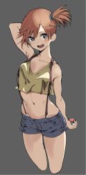 Rule 34 | 1girl, armpits, asymmetrical hair, blue eyes, blue shorts, blush, breasts, creatures (company), denim, denim shorts, game freak, gen 1 pokemon, highres, holding, kiyomasa f, misty (pokemon), nintendo, poke ball, pokemon, pokemon (anime), pokemon (classic anime), ponytail, shirt, short hair, short shorts, shorts, side ponytail, small breasts, solo, suspender shorts, suspenders, tank top, yellow shirt