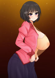 Rule 34 | 1girl, absurdres, blouse, breasts, cleavage, closed eyes, closed mouth, collarbone, from side, gradient background, hair ornament, hairclip, hanekawa tsubasa, highres, large breasts, long hair, looking at viewer, loose clothes, loose shirt, monogatari (series), school uniform, see-through, see-through shirt, shirt, simple background, solo, the only shoe, white shirt