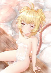 Rule 34 | 1girl, ahoge, andira (granblue fantasy), animal ears, antenna hair, areola slip, bath, blonde hair, blush, breasts, brown eyes, closed mouth, collarbone, covered erect nipples, covered navel, covering privates, erune, granblue fantasy, highres, kimblee, looking at viewer, monkey ears, monkey tail, naked towel, no hairband, nude cover, short hair, sitting, small breasts, smile, solo, tail, towel, two side up, water, wet