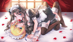 Rule 34 | 2girls, all fours, alternate costume, apron, aqua eyes, artoria pendragon (all), artoria pendragon (fate), bed, bed sheet, black dress, black legwear, black ribbon, blonde hair, blue eyes, bow, braid, breasts, brown hair, cleavage, clenched hand, curtains, downblouse, dress, enmaided, fate/stay night, fate (series), feet, hair bow, hair bun, hair ribbon, hanging breasts, long hair, looking at viewer, lying, maid, maid headdress, medium breasts, mintes, multiple girls, no shoes, on back, parted lips, petals, puffy short sleeves, puffy sleeves, ribbon, saber (fate), short sleeves, single braid, single hair bun, thighhighs, tohsaka rin, twintails, waist apron, wavy hair, window, yuri