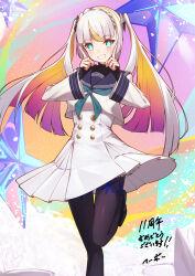 1girl absurdres aqua_eyes blonde_hair breasts colored_inner_hair highres index_fingers_raised long_hair long_sleeves looking_at_viewer magia_(monster_strike) monster_strike multicolored_hair s-masa_7131 school_uniform serafuku skirt small_breasts smile solo star-shaped_pupils star_(symbol) symbol-shaped_pupils teeth twintails two-tone_hair white_hair