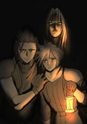 Rule 34 | 3boys, ah yoshimizu, candle, candlelight, cloud strife, commentary request, crisis core final fantasy vii, dark, final fantasy, final fantasy vii, final fantasy vii remake, gloves, highres, holding, holding candle, male focus, multiple boys, scared, scarf, sephiroth, shinra infantry uniform, short hair, sleeveless, sleeveless turtleneck, smile, sweatdrop, sweater, turtleneck, turtleneck sweater, zack fair