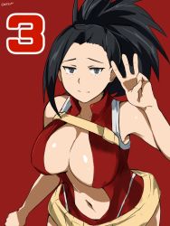 Rule 34 | 10s, 1girl, armpits, black hair, boku no hero academia, breasts, cafekun, center opening, cleavage, cowboy shot, embarrassed, half-closed eyes, large breasts, leotard, looking at viewer, navel, ponytail, red background, smile, solo, standing, v, white background, yaoyorozu momo