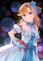 Rule 34 | 1girl, blue hairband, blush, breasts, commentary request, detached sleeves, dress, elbow gloves, gloves, hairband, hand on own hip, highres, looking at viewer, love live!, love live! superstar!!, medium hair, orange hair, purple eyes, shibuya kanon, small breasts, smile, solo, tiny stars, tomo wakui, white dress, white gloves