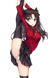 Rule 34 | 1girl, asle, black hair, black skirt, black thighhighs, blue eyes, blush, breasts, fate/stay night, fate (series), leg lift, leg up, long hair, looking at viewer, medium breasts, open mouth, photoshop (medium), red sweater, simple background, skirt, split, standing, standing on one leg, standing split, sweater, thighhighs, thighs, tohsaka rin, two side up, white background