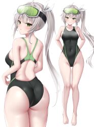Rule 34 | 1girl, ass, back, back focus, barefoot, black one-piece swimsuit, breasts, commission, competition swimsuit, covered navel, cowboy shot, diving mask, diving mask on head, from behind, full body, goggles, goggles on head, green eyes, grey hair, highres, indie virtual youtuber, kotoha rimu, long hair, looking at viewer, looking back, medium breasts, ncontrail (mgax7527), one-piece swimsuit, side ponytail, simple background, skeb commission, smile, solo, swimsuit, two-tone swimsuit, very long hair, virtual youtuber, white background, zoom layer