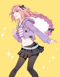 Rule 34 | 1boy, astolfo (fate), belt, black bow, black pantyhose, blue belt, bow, braid, eyebrows, fang, fate/apocrypha, fate/grand order, fate (series), hair between eyes, hair intakes, highres, long hair, long sleeves, looking at viewer, looking to the side, male focus, midriff, multicolored hair, navel, official alternate costume, open mouth, pantyhose, pink hair, pleated skirt, purple eyes, sada (sadahalu), simple background, single braid, skirt, solo, standing, trap, very long hair, yellow background