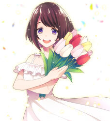 Rule 34 | 1girl, brown hair, dress, falling petals, flower, holding, holding flower, kmy-3 (kumayu), looking at viewer, open mouth, original, petals, purple eyes, short hair, smile, solo, tulip