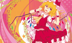 Rule 34 | 1girl, ascot, bespectacled, blonde hair, chiruru96, crystal, fangs, flandre scarlet, frilled skirt, frills, glasses, hat, hat ribbon, looking to the side, mob cap, musical note, open mouth, polka dot, polka dot background, puffy sleeves, quaver, red eyes, ribbon, shirt, short hair, short sleeves, side ponytail, skirt, skirt set, smile, solo, star (symbol), striped, striped background, touhou, treble clef, vertical stripes, vest, wings, wrist cuffs