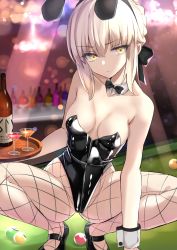 Rule 34 | 1girl, animal ears, artoria pendragon (all), artoria pendragon (fate), bare shoulders, black leotard, blonde hair, blush, bottle, braid, breasts, closed mouth, cocktail glass, collarbone, covered navel, cup, detached collar, drinking glass, fake animal ears, fate/stay night, fate (series), fishnet pantyhose, fishnets, french braid, hair between eyes, kesoshirou, leotard, long hair, looking at viewer, pantyhose, playboy bunny, rabbit ears, saber alter, sidelocks, small breasts, solo, squatting, thighs, tray, wrist cuffs, yellow eyes