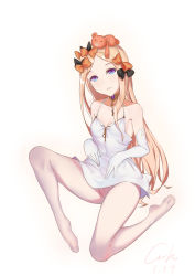 Rule 34 | 1girl, abigail williams (fate), absurdres, bare shoulders, black bow, blonde hair, blue eyes, bow, breasts, collarbone, commentary request, dress, fate/grand order, fate (series), gloves, hair bow, highres, long hair, looking at viewer, orange bow, pantyhose, parted bangs, parted lips, shinkuwauri, simple background, small breasts, solo, stuffed animal, stuffed toy, teddy bear, white background, white dress, white gloves, white pantyhose