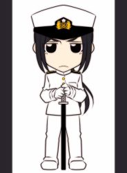 Rule 34 | 10s, 1girl, black hair, brown eyes, chibi, commentary request, epaulettes, female admiral (kancolle), frown, gloves, hat, holding, holding sword, holding weapon, jacket, kantai collection, katana, long hair, looking at viewer, low ponytail, military, military hat, military uniform, neko majin, peaked cap, sheath, sheathed, sidelocks, solo, standing, sword, uniform, weapon, white background