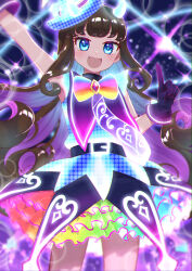 Rule 34 | 1girl, :d, arm up, blue dress, blue eyes, blue gloves, blue horns, blush, brown hair, commentary request, cowboy shot, demon horns, dress, fang, gloves, glowing clothes, hand up, highres, horns, idol, idol clothes, jinno (jin c kkry), kurosu aroma, long hair, looking at viewer, open mouth, outstretched arm, pretty series, pripara, rainbow bow, rainbow skirt, smile, solo, standing