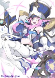 Rule 34 | 1girl, aqua hair, bird, blue hair, blush, boots, breasts, cape, crop top, detached sleeves, fang, gloves, hat, highres, looking at viewer, medium breasts, midriff, multicolored hair, one eye closed, open mouth, original, pink hair, short hair with long locks, siguma (13238772100), simple background, solo, star-shaped pupils, star (symbol), symbol-shaped pupils, v, white gloves, yellow pupils