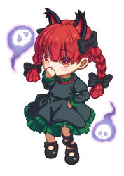 Rule 34 | 1girl, animal ears, black bow, black ribbon, blunt bangs, blunt tresses, bow, braid, cat ears, chibi, commentary request, covering own mouth, creape, dress, extra ears, flat chest, floating skull, footwear bow, frills, from above, grey dress, hair bow, hair ribbon, hand on own hip, hand over own mouth, hand up, highres, hitodama, juliet sleeves, kaenbyou rin, leg ribbon, light blush, long hair, long sleeves, looking at viewer, no socks, petticoat, puffy sleeves, red eyes, red hair, ribbon, simple background, solo, standing, touhou, tress ribbon, twin braids, upturned eyes, white background